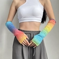 Rainbow gradient knit fingerless arm warmers made of thick wool for autumn and winter - Arm Warmers / Rainbow / [product Attributes] This Image Clearly Showcases A Pair Of Rainbow-gradient Knitted Fingerless Arm Sleeves The Core Product. The Arm Sleeves Are Vibrantly Colored Transitioning From Blue To Yellow And Then To Pink And Are Elastic. [visual Presentation] The Image Uses A Model Wearing The Sleeves On Her Upper Body. The Model Is Wearing A White Vest And Gray Sweatpants Against A Clean Minimalist Gray Wall Background Effectively Highlighting The Product Itself. Image Quality Is High With Sharp Focus Accurate Exposure And No Noise. The Knitted Texture Details Are Well-defined. Aesthetic Appeal Is High; The Composition Is Professional And Reasonable The Color Scheme Is Harmonious And The Transitions Are Natural Creating Strong Visual Appeal. [text Content] After Ocr Scanning No Text Information Was Extracted From The Image Including Logos Watermarks Marketing Phrases Or Certification Marks. [review Conclusion] Passed. The Image Clearly Showcases The Product And Meets Platform Requirements. Since The Image Does Not Contain Any Text Information That Needs To Be Removed Translated Or Processed And The Content Is Healthy And Does Not Violate Regulations It Can Be Directly Used For Product Display On Cross-border E-commerce Platforms. [logistics Labels] Determined As "none". The Product Is A Common Textile Accessory And Does Not Fall Under The Categories Of Fragile Liquid Powder Electrical Or Hazardous Materials. 【infringement Risk】none. The Product Contains No Visible Brand Logos Or Protected Specific Design Elements; The Rainbow Stripes Are A Generic Pattern Making The Probability Of Infringement Extremely Low. 【product Parameters】no Specific Numerical Parameter Information Was Identified From The Image.