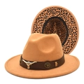 Detail of camel wool fedora with metal bull head buckle and leopard print underbrim - M (56-58cm) / Camel