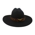 Black felt cowboy hat featuring a brown leather band and western metal bull head decor - Black