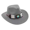 Detail of grey wool cowboy hat with ethnic beads and turquoise stone trim - One Size / Light Gray