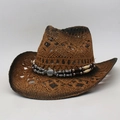 Men's Western hollow straw cowboy hat in dark brown with vintage beaded hatband - Khaki & Black