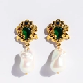 Vintage-Ohrringe aus Gold mit Smaragd-Edelsteinen und echten Barockperlen - Vintage Rebe Smaragd Barockperle (176)