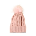 Detailed close-up of pink cable knit beanie with fluffy faux fur pompom and ribbed cuff - M (56-58cm) / Pink