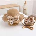 Detail of kids straw sun hat and bag set with lace edges and polka dot bows - Single Bag / Khaki