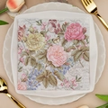 Square party napkin with vintage floral print in a white lace plate with gold cutlery - Retro Floral (1010)