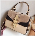 Retro frosted square bag with tri-color stitching and striped wide shoulder strap - Khaki