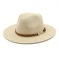 Classic beige Panama straw hat with brown leather band and gold buckle on white background - M (56-58cm) / Beige