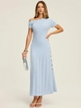 Slim fit light blue off-shoulder ribbed knit maxi dress with elegant cutout details - S / Light Blue
