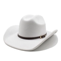 Close-up of white wool cowboy hat featuring a dark brown leather band and golden buckle - M (56-58cm) / White
