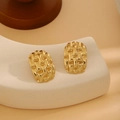 Golden earrings with woven texture and rectangle shape on white curved pedestal - E6204-19-Woven Rectangle