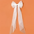 Elegant white tulle bow hair clip with delicate pearls and long ribbons on orange background - White Double Layer Hair Clip