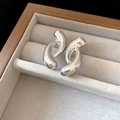 Abstract silver C-shaped metal earrings displayed in a luxury grey velvet jewelry case - Silver Geometric Streamline