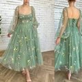 Sage green tulle evening dress with floral embroidery and puffy sleeves for women - L / Sage Green / Off-shoulder Lace-up Long Sleeve Maxi