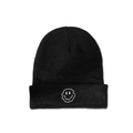 Detail of black knitted beanie featuring a white melting smiley face logo on the cuff - M (56-58cm) / Black