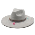 Detail of grey wide brim fedora with decorative patterned band and colorful tassels - M (56-59cm) / Light Gray