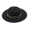 Classic black flat brim wool felt fedora with bohemian colorful beaded tassels and coins - Black