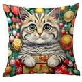 Vierkante kerstkussenhoes met een feestelijke aquarel kat en kerstversieringen - Patroon TQDS72-4