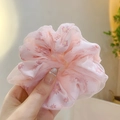 Close-up of pink sheer chiffon scrunchie with floral print and ruffled texture - Pink Lace Double Layer Large