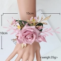 Rosa künstliche Rosen-Handgelenk-Korsage mit goldenen Blättern für Hochzeiten und Partys - Handgelenk-Corsage / Altrosa