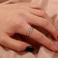 Adjustable silver ring with double-row white zircon stones worn on hand with silk background - Silver/Crisscross Open/Micro Pave