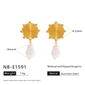 Detail view of gold stainless steel pearl earrings with dimensions and 7.6g weight info - Spiral Disc Pearl Style (NB-E1591) / 18K Gold / Gold