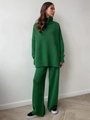 Detail of green two-piece knit loungewear set with high-neck sweater and wide-leg pants - S / Green