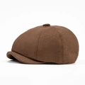 Vintage brown wool newsboy cap with classic eight-panel design and top button detail - Coffee
