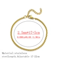 Adjustable 2.5mm gold plated stainless steel box chain bracelet for women - Square Box Chain Style / 2.5mm Wide (17+5cm) / Gold