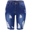 Short en jean slim bleu foncé pour femme avec détails déchirés et ourlet à franges - Bleu foncé