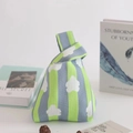 Blue and green striped knit tote bag with white cloud pattern and knotted handle - Green-Grey Vertical Stripes