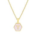Gold chain necklace with hexagonal pink enamel pendant featuring gold letter Y detail - Pink Shell Y