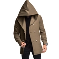 Men's slim fit mid-length hooded trench coat with double-breasted buttons in coffee brown - S / Tops / Khaki