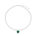 S925 sterling silver pearl necklace featuring a green heart gemstone pendant design - 925 Silver / Green Zirconia