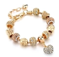 Golden snake chain bracelet featuring sparkling pave heart and crystal beads charm design - PD0018-G