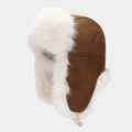 Macro view of plush white faux fur lining and brown suede ear flap trapper hat - One Size / Dark Brown