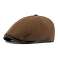 Retro dark brown newsboy cap with wool texture and contrast brim in British style - Adjustable / Coffee