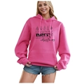 Women's rose pink fleece hoodie with Merry Christmas lettering and tree print - S / Tops / Rose Pink-Five Christmas Trees Print