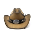 Detail of western straw cowboy hat with punk studded leather band and rhinestone buckle - M (56-58cm) / Khaki and Coffee Gradient