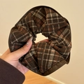 Brown plaid scrunchie with leather trim detail and oversized puffy design for women - Caramel Plaid Leather Edge Scrunchie