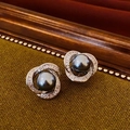 Macro view of vintage style black pearl stud earrings with sparkling crystal pavé spirals - Black Pearl Spiral Rhinestone Style(5#)
