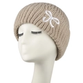 Thick beige knit beanie for women with a cute white bow embroidery on a white background - Adult / Khaki
