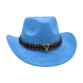 Classic wide brim jazz cowboy hat in light blue featuring a bull skull band ornament - Blue