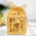 Laser cut golden hollow wedding favor box with thank you text and ribbon bow - Gold