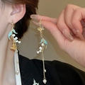 Detailed view of long tassel earrings with golden butterfly, blue leaf and pearl charms - 36# 925 Sterling Silver Earring Post - Gold