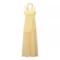 Elegantes gelbes Neckholder-Maxikleid mit Faltenrock und asymmetrischem Saumdesign - S / Gelb