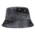 Dettaglio cappello bucket in cotone nero con stampa paisley bianca e trama in saia - Taglia unica / Nero