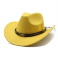 Close-up of yellow felt cowboy hat featuring black leather band with bronze metal hardware - M (56-58cm) / Yellow