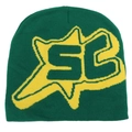 Detail of dark green knit beanie featuring a yellow star and jacquard letter pattern - Green Yellow