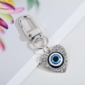 Blue Evil Eye heart keychain with sparkling rhinestones and a silver-tone lobster clasp - Silver Heart