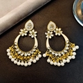 Exaggerated golden boho tassel earrings with white enamel and shimmering faux pearls - Exotic White Gold Pearl Tassel (162)